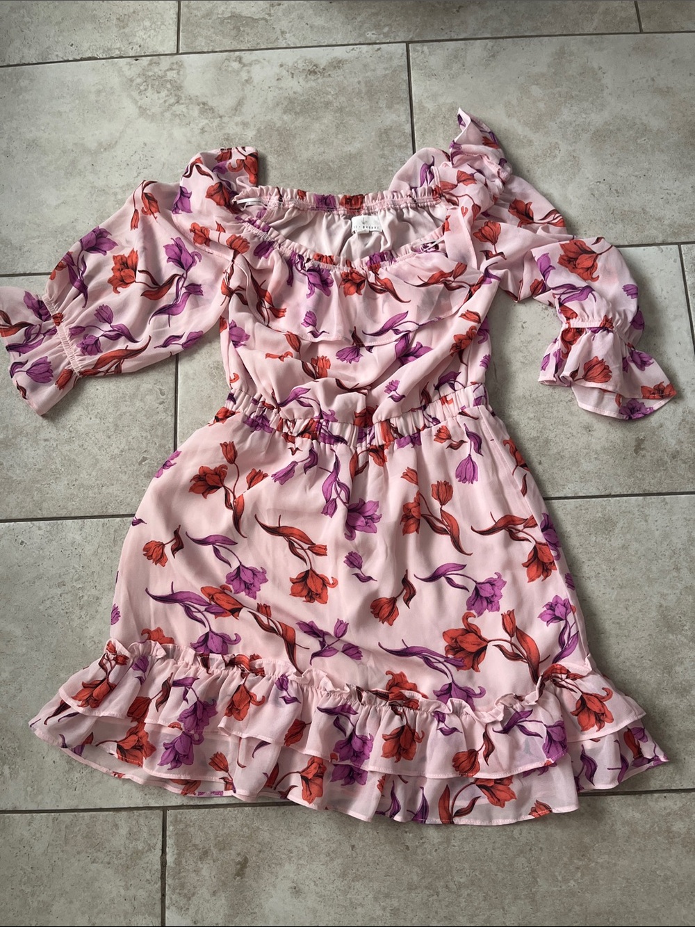 Lost + Wander Pink Floral Ruffle Dress with Purple & Orange Blooms